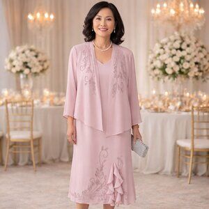 R&M Richards Blush Beaded Mother of the Bride Dress Set Petite 8 Formal